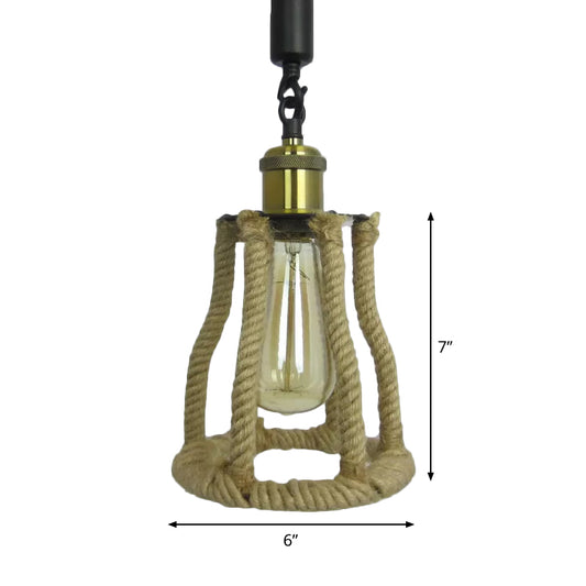 1-Bulb Natural Fiber Rope Pendant Rustic Brown Cage Sitting Room Suspension Lighting Clearhalo 'Ceiling Lights' 'Industrial Pendants' 'Industrial' 'Middle Century Pendants' 'Pendant Lights' 'Pendants' 'Tiffany' Lighting' 1912551