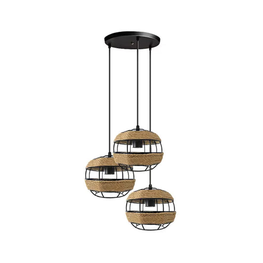 Spherical Jute Rope Multi-Pendant Countryside 3-Light Open Kitchen Ceiling Suspension Lamp in Brown, Round/Linear Canopy Brown Round Clearhalo 'Ceiling Lights' 'Industrial Pendants' 'Industrial' 'Middle Century Pendants' 'Pendant Lights' 'Pendants' 'Tiffany' Lighting' 1912552