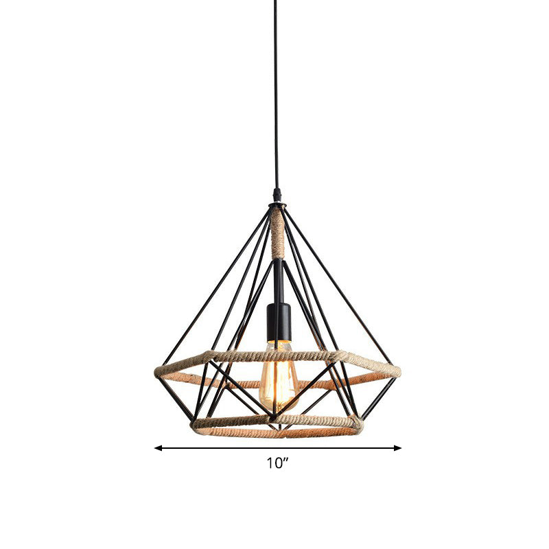 Single-Bulb Drop Pendant Industrial Bistro Hanging Lamp with Diamond Roped Cage in Black, 10"/15"/18" Width Clearhalo 'Art Deco Pendants' 'Black' 'Cast Iron' 'Ceiling Lights' 'Ceramic' 'Crystal' 'Industrial Pendants' 'Industrial' 'Metal' 'Middle Century Pendants' 'Pendant Lights' 'Pendants' 'Rustic Pendants' 'Tiffany' Lighting' 1912560