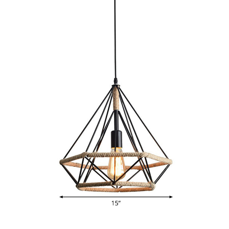 Single-Bulb Drop Pendant Industrial Bistro Hanging Lamp with Diamond Roped Cage in Black, 10"/15"/18" Width Clearhalo 'Art Deco Pendants' 'Black' 'Cast Iron' 'Ceiling Lights' 'Ceramic' 'Crystal' 'Industrial Pendants' 'Industrial' 'Metal' 'Middle Century Pendants' 'Pendant Lights' 'Pendants' 'Rustic Pendants' 'Tiffany' Lighting' 1912561
