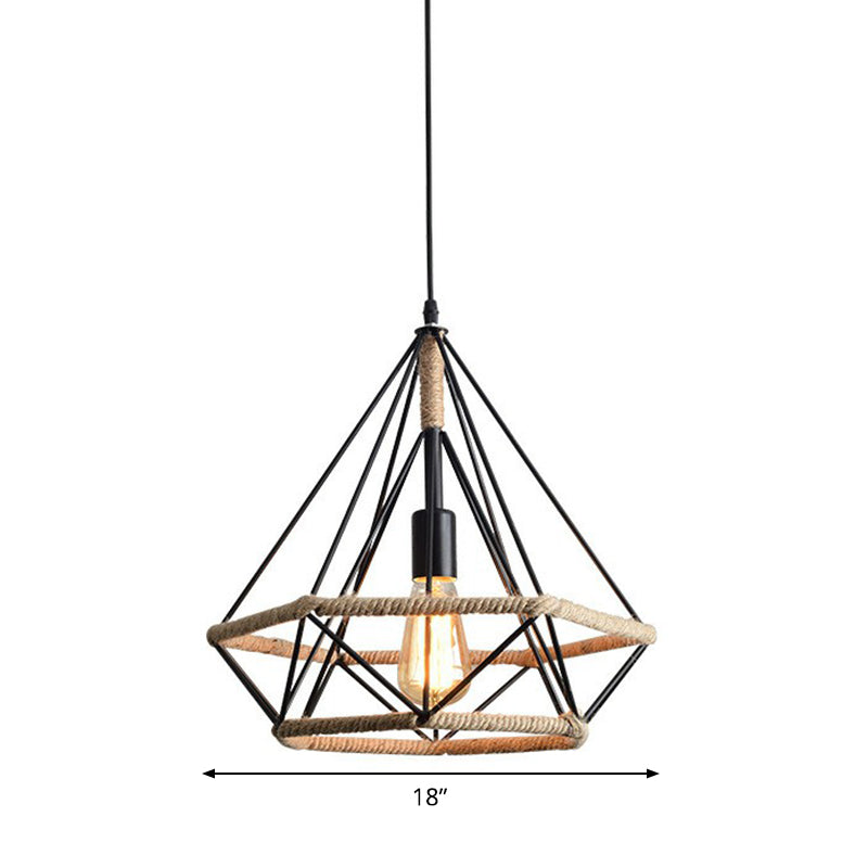 Single-Bulb Drop Pendant Industrial Bistro Hanging Lamp with Diamond Roped Cage in Black, 10"/15"/18" Width Clearhalo 'Art Deco Pendants' 'Black' 'Cast Iron' 'Ceiling Lights' 'Ceramic' 'Crystal' 'Industrial Pendants' 'Industrial' 'Metal' 'Middle Century Pendants' 'Pendant Lights' 'Pendants' 'Rustic Pendants' 'Tiffany' Lighting' 1912562