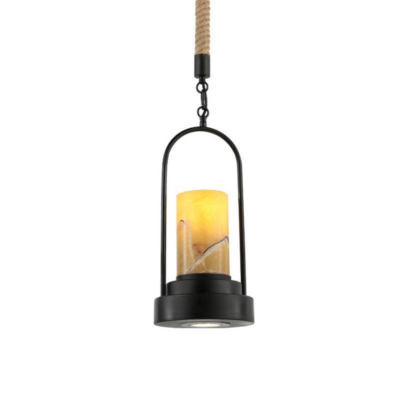 Faux Candle Wine Bar Pendant Lamp Rural Marble 1-Light Black Hanging Light Fixture with Arched Frame and Rope Detail Clearhalo 'Art Deco Pendants' 'Black' 'Cast Iron' 'Ceiling Lights' 'Ceramic' 'Crystal' 'Industrial Pendants' 'Industrial' 'Metal' 'Middle Century Pendants' 'Pendant Lights' 'Pendants' 'Rustic Pendants' 'Tiffany' Lighting' 1912566