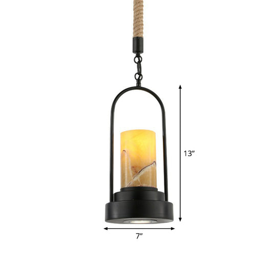Faux Candle Wine Bar Pendant Lamp Rural Marble 1-Light Black Hanging Light Fixture with Arched Frame and Rope Detail Clearhalo 'Art Deco Pendants' 'Black' 'Cast Iron' 'Ceiling Lights' 'Ceramic' 'Crystal' 'Industrial Pendants' 'Industrial' 'Metal' 'Middle Century Pendants' 'Pendant Lights' 'Pendants' 'Rustic Pendants' 'Tiffany' Lighting' 1912568
