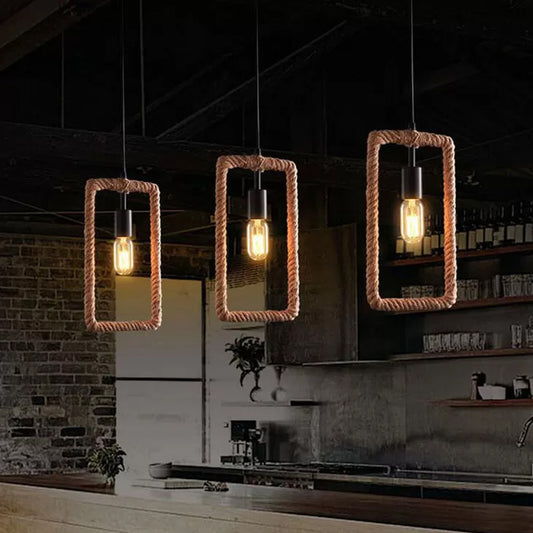 1-Light Hanging Lamp Rural Living Room Pendant Light with Round/Square/Rectangle Rope Frame in Brown Brown Rectangle Clearhalo 'Ceiling Lights' 'Industrial Pendants' 'Industrial' 'Middle Century Pendants' 'Pendant Lights' 'Pendants' 'Tiffany' Lighting' 1912592