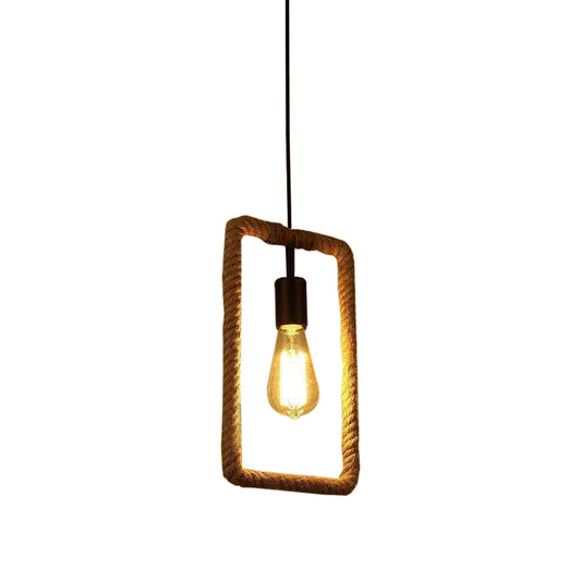 1-Light Hanging Lamp Rural Living Room Pendant Light with Round/Square/Rectangle Rope Frame in Brown Clearhalo 'Ceiling Lights' 'Industrial Pendants' 'Industrial' 'Middle Century Pendants' 'Pendant Lights' 'Pendants' 'Tiffany' Lighting' 1912593