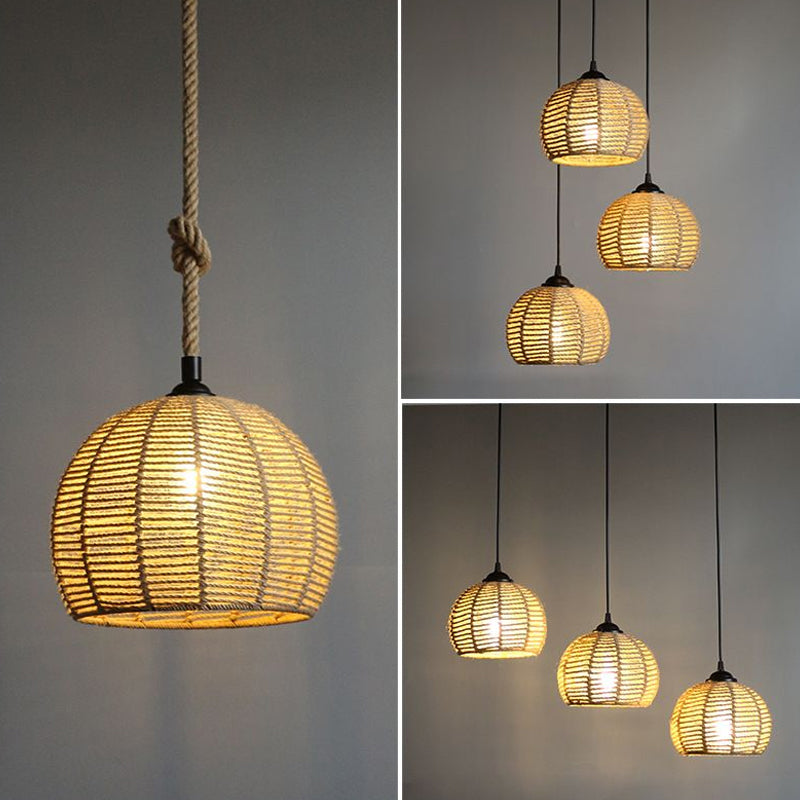 Black/Brown 1-Light Pendant Lamp Rural Hemp Rope Half-Globe Ceiling Hang Light over Dining Table, 10"/12" Wide Brown Clearhalo 'Ceiling Lights' 'Industrial Pendants' 'Industrial' 'Middle Century Pendants' 'Pendant Lights' 'Pendants' 'Tiffany' Lighting' 1912600