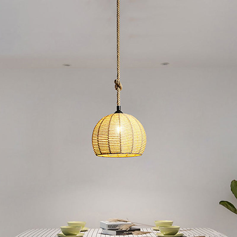 Black/Brown 1-Light Pendant Lamp Rural Hemp Rope Half-Globe Ceiling Hang Light over Dining Table, 10"/12" Wide Clearhalo 'Ceiling Lights' 'Industrial Pendants' 'Industrial' 'Middle Century Pendants' 'Pendant Lights' 'Pendants' 'Tiffany' Lighting' 1912601