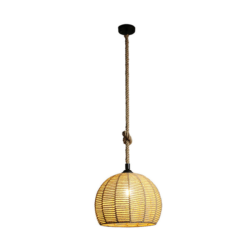 Black/Brown 1-Light Pendant Lamp Rural Hemp Rope Half-Globe Ceiling Hang Light over Dining Table, 10"/12" Wide Clearhalo 'Ceiling Lights' 'Industrial Pendants' 'Industrial' 'Middle Century Pendants' 'Pendant Lights' 'Pendants' 'Tiffany' Lighting' 1912602
