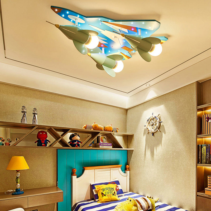 Fighter Airplane Flush Ceiling Light Creative Metal Ceiling Lamp in Blue for Kid Bedroom Clearhalo 'Ceiling Lights' 'Close To Ceiling Lights' 'Close to ceiling' 'Flush mount' Lighting' 191263