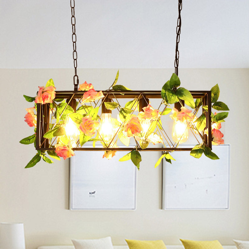 Red/Green 4 Lights Island Ceiling Light Retro Metal Rectangular LED Rose/Plant Drop Lamp for Restaurant Red Clearhalo 'Ceiling Lights' 'Island Lights' Lighting' 1913216