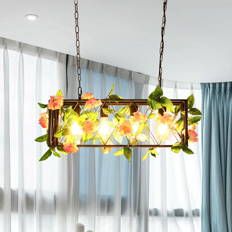 Red/Green 4 Lights Island Ceiling Light Retro Metal Rectangular LED Rose/Plant Drop Lamp for Restaurant Clearhalo 'Ceiling Lights' 'Island Lights' Lighting' 1913217