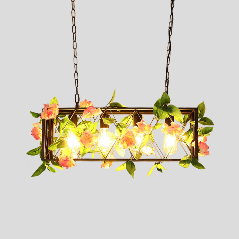 Red/Green 4 Lights Island Ceiling Light Retro Metal Rectangular LED Rose/Plant Drop Lamp for Restaurant Clearhalo 'Ceiling Lights' 'Island Lights' Lighting' 1913219