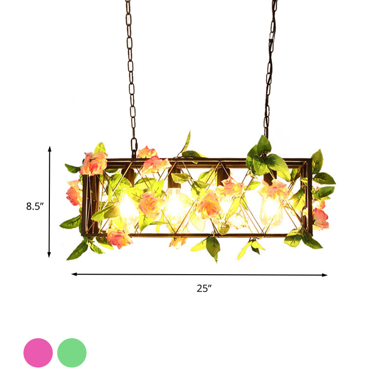 Red/Green 4 Lights Island Ceiling Light Retro Metal Rectangular LED Rose/Plant Drop Lamp for Restaurant Clearhalo 'Ceiling Lights' 'Island Lights' Lighting' 1913220