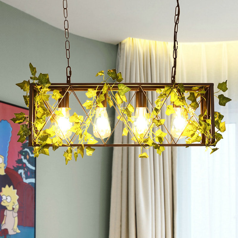 Red/Green 4 Lights Island Ceiling Light Retro Metal Rectangular LED Rose/Plant Drop Lamp for Restaurant Green Clearhalo 'Ceiling Lights' 'Island Lights' Lighting' 1913221