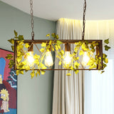 Red/Green 4 Lights Island Ceiling Light Retro Metal Rectangular LED Rose/Plant Drop Lamp for Restaurant Green Clearhalo 'Ceiling Lights' 'Island Lights' Lighting' 1913221