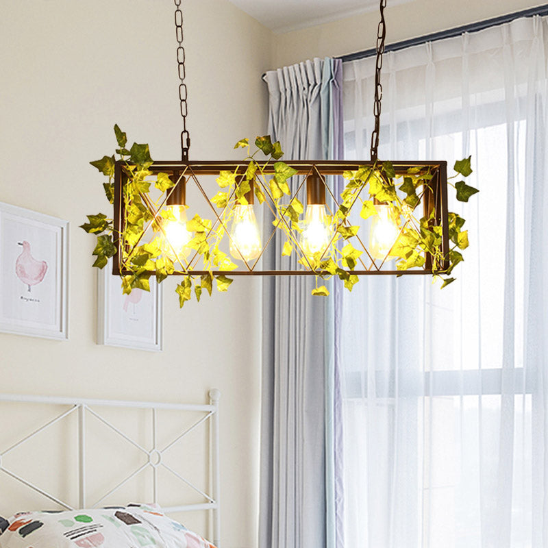 Red/Green 4 Lights Island Ceiling Light Retro Metal Rectangular LED Rose/Plant Drop Lamp for Restaurant Clearhalo 'Ceiling Lights' 'Island Lights' Lighting' 1913222