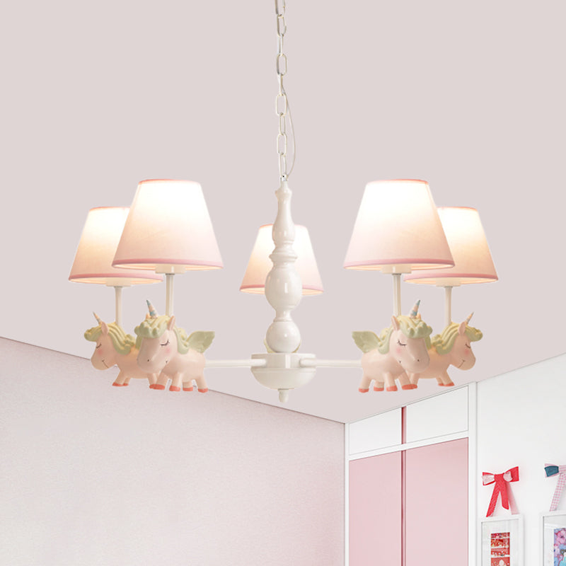 Nursery Room Chandelier, Cartoon Pendant Light Fixture with Pink Bucket Fabric Shade and Unicorn Clearhalo 'Ceiling Lights' 'Chandeliers' Lighting' options 1913340