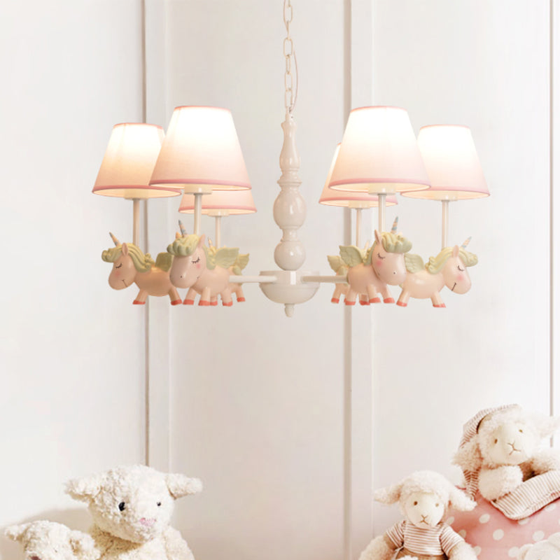 Nursery Room Chandelier, Cartoon Pendant Light Fixture with Pink Bucket Fabric Shade and Unicorn Clearhalo 'Ceiling Lights' 'Chandeliers' Lighting' options 1913344