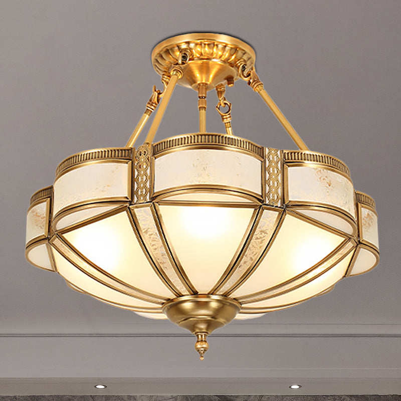 Scalloped Shade Living Room Flush Mount Simplistic Opal Glass 14"/18"/23.5" Wide 3/4 Bulbs Brass Semi Flush Mount Fixture Clearhalo 'Ceiling Lights' 'Close To Ceiling Lights' 'Close to ceiling' 'Glass shade' 'Glass' 'Semi-flushmount' Lighting' 1913358