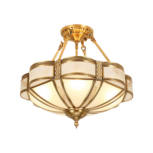 Scalloped Shade Living Room Flush Mount Simplistic Opal Glass 14"/18"/23.5" Wide 3/4 Bulbs Brass Semi Flush Mount Fixture Clearhalo 'Ceiling Lights' 'Close To Ceiling Lights' 'Close to ceiling' 'Glass shade' 'Glass' 'Semi-flushmount' Lighting' 1913361