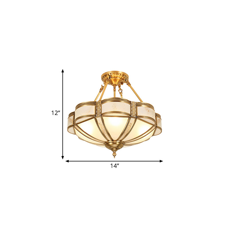 Scalloped Shade Living Room Flush Mount Simplistic Opal Glass 14"/18"/23.5" Wide 3/4 Bulbs Brass Semi Flush Mount Fixture Clearhalo 'Ceiling Lights' 'Close To Ceiling Lights' 'Close to ceiling' 'Glass shade' 'Glass' 'Semi-flushmount' Lighting' 1913362