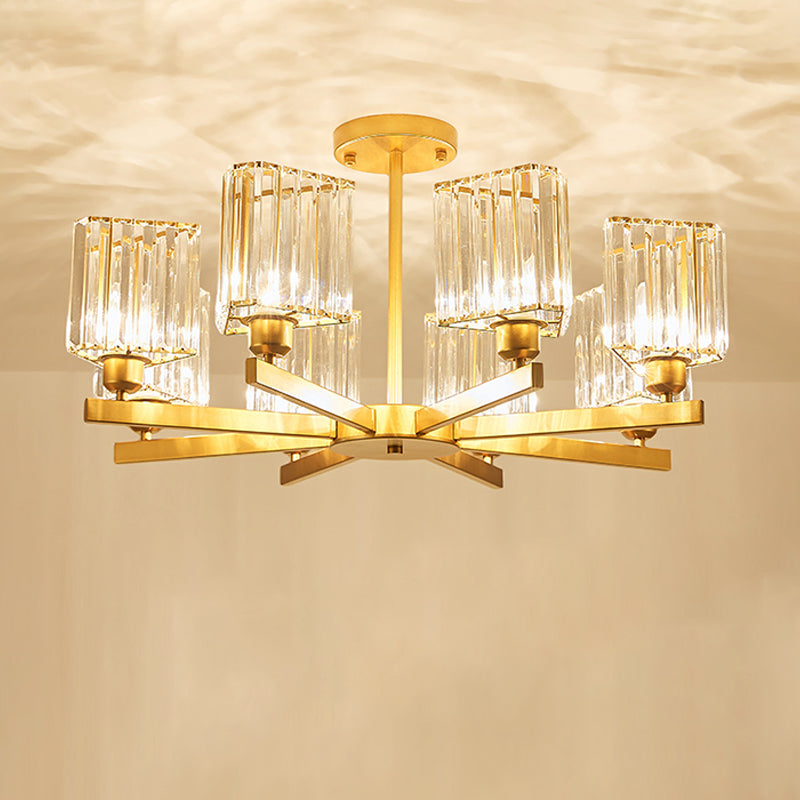 3/6/8 Lights Rectangle Semi Flush Lighting Contemporary Gold Crystal Semi-Flush Mount for Living Room 8 Gold Clearhalo 'Ceiling Lights' 'Close To Ceiling Lights' 'Close to ceiling' 'Semi-flushmount' Lighting' 1913479