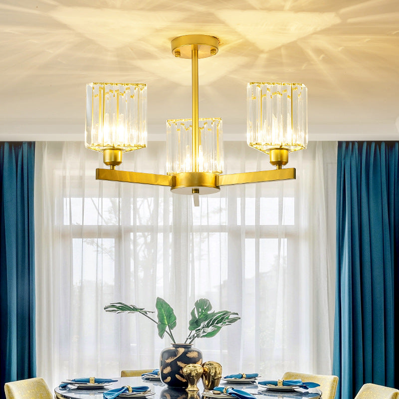 3/6/8 Lights Rectangle Semi Flush Lighting Contemporary Gold Crystal Semi-Flush Mount for Living Room 3 Gold Clearhalo 'Ceiling Lights' 'Close To Ceiling Lights' 'Close to ceiling' 'Semi-flushmount' Lighting' 1913488