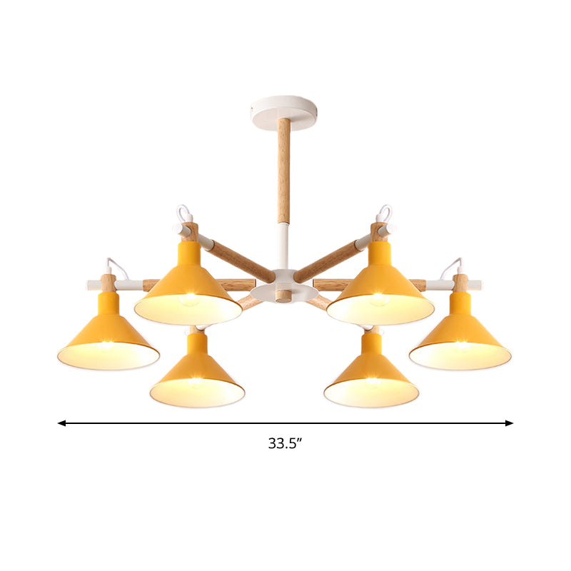 Wood and Metal Horn Shape Hanging Pendant Fixture 6 Bulbs Macaroon Chandelier for Bedroom Clearhalo 'Ceiling Lights' 'Chandeliers' Lighting' options 191396