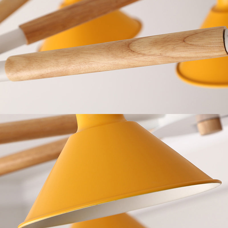 Wood and Metal Horn Shape Hanging Pendant Fixture 6 Bulbs Macaroon Chandelier for Bedroom Clearhalo 'Ceiling Lights' 'Chandeliers' Lighting' options 191397