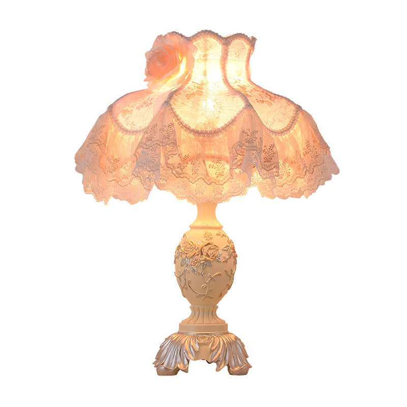 Lace Dress Night Table Light Contemporary Fabric 1-Bulb Beige Nightstand Lamp with Rose Decor Clearhalo 'Lamps' 'Table Lamps' Lighting' 1916463