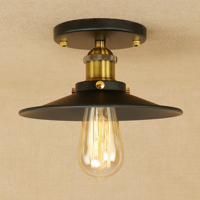 Iron Rust/Chrome/Black Semi Flush Wide Flared 1 Light Warehouse Style Flush Mount Ceiling Light Black-Gold Clearhalo 'Ceiling Lights' 'Close To Ceiling Lights' 'Close to ceiling' 'Semi-flushmount' Lighting' 1916492