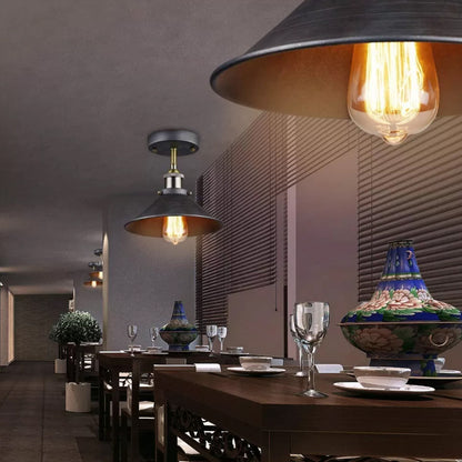 Black Conic Semi Flush Ceiling Light Factory Iron Single Bistro Flush Mounted Lamp Black Clearhalo 'Ceiling Lights' 'Close To Ceiling Lights' 'Close to ceiling' 'Semi-flushmount' Lighting' 1916513