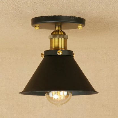 Cone Shade Mini Foyer Ceiling Lamp Industrial Iron 1-Light Rust/Black/Copper Semi Mount Lighting Black-Gold Clearhalo 'Ceiling Lights' 'Close To Ceiling Lights' 'Close to ceiling' 'Semi-flushmount' Lighting' 1916528