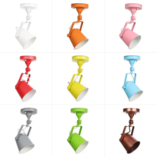 Nordic Bucket Rotatable Ceiling Light 1 Head Iron Semi Flush Mount Lighting with Bracket in Red/Orange/Grey Clearhalo 'Ceiling Lights' 'Close To Ceiling Lights' 'Close to ceiling' 'Semi-flushmount' Lighting' 1916530