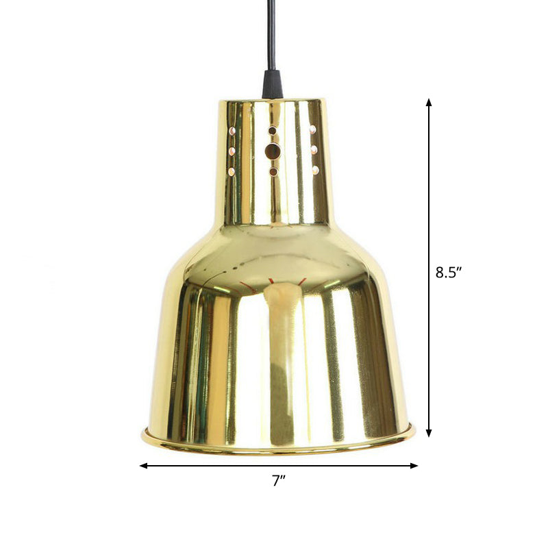 Iron Bell/Cone/Trumpet Pendant Light Kit Vintage 1 Head Living Room Down Lighting with Vent Hole in Gold Clearhalo 'Art Deco Pendants' 'Cast Iron' 'Ceiling Lights' 'Ceramic' 'Crystal' 'Industrial Pendants' 'Industrial' 'Metal' 'Middle Century Pendants' 'Pendant Lights' 'Pendants' 'Tiffany' Lighting' 1916562
