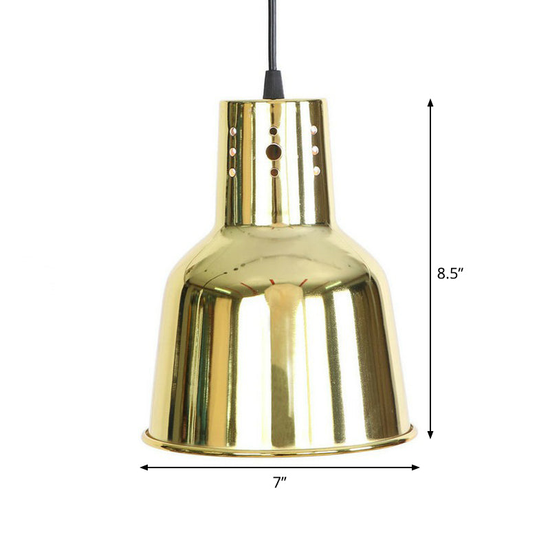 Iron Bell/Cone/Trumpet Pendant Light Kit Vintage 1 Head Living Room Down Lighting with Vent Hole in Gold Clearhalo 'Art Deco Pendants' 'Cast Iron' 'Ceiling Lights' 'Ceramic' 'Crystal' 'Industrial Pendants' 'Industrial' 'Metal' 'Middle Century Pendants' 'Pendant Lights' 'Pendants' 'Tiffany' Lighting' 1916562