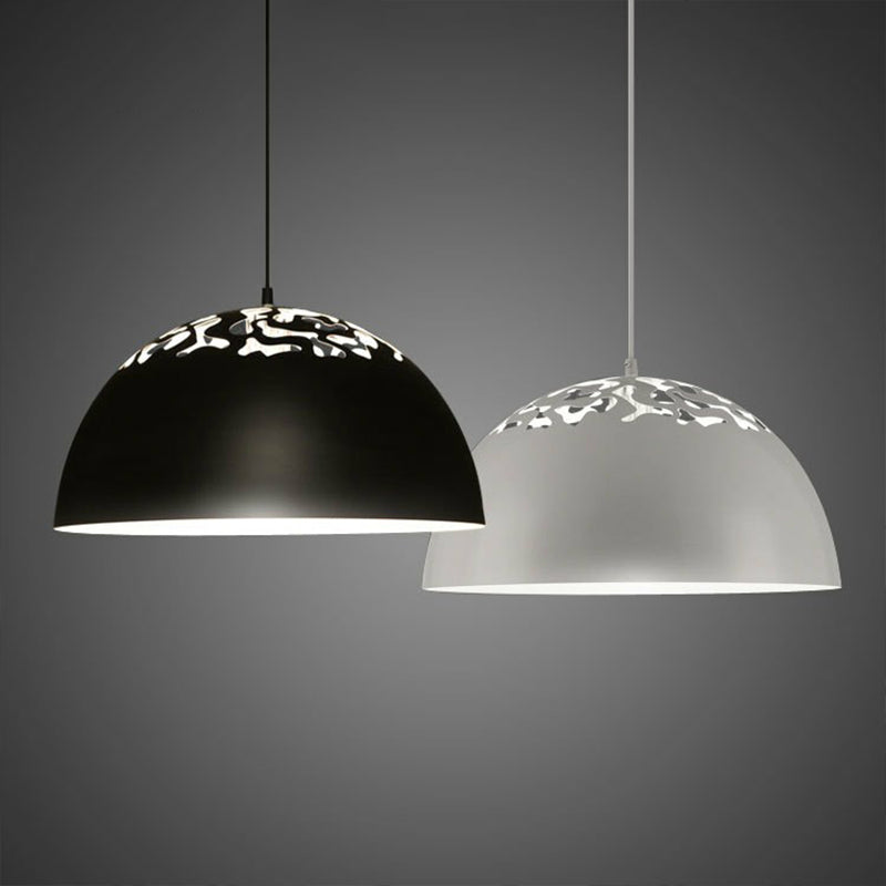 Nordic Dome Ceiling Hang Light 14"/16" Wide 1-Light Iron Pendant Lamp with Hollowed out Top in Black/White Black Clearhalo 'Art Deco Pendants' 'Black' 'Cast Iron' 'Ceiling Lights' 'Ceramic' 'Crystal' 'Industrial Pendants' 'Industrial' 'Metal' 'Middle Century Pendants' 'Pendant Lights' 'Pendants' 'Rustic Pendants' 'Tiffany' Lighting' 1916584