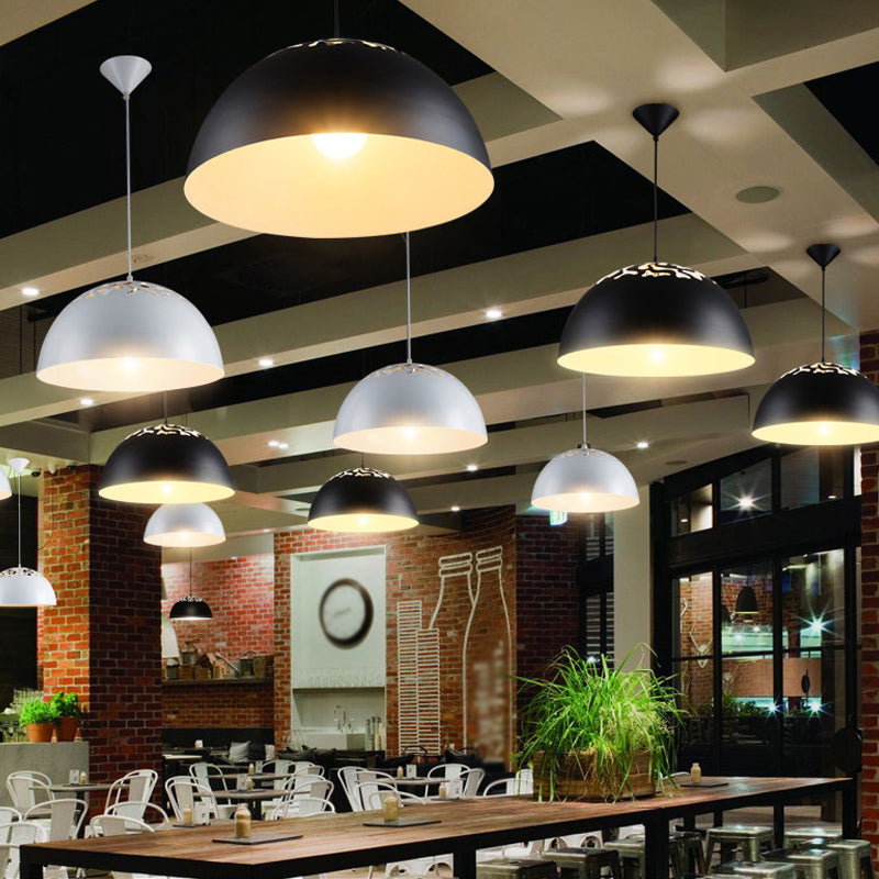 Nordic Dome Ceiling Hang Light 14"/16" Wide 1-Light Iron Pendant Lamp with Hollowed out Top in Black/White Clearhalo 'Art Deco Pendants' 'Black' 'Cast Iron' 'Ceiling Lights' 'Ceramic' 'Crystal' 'Industrial Pendants' 'Industrial' 'Metal' 'Middle Century Pendants' 'Pendant Lights' 'Pendants' 'Rustic Pendants' 'Tiffany' Lighting' 1916586