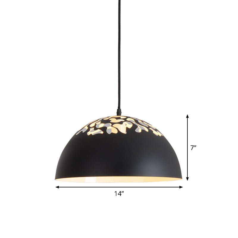 Nordic Dome Ceiling Hang Light 14"/16" Wide 1-Light Iron Pendant Lamp with Hollowed out Top in Black/White Clearhalo 'Art Deco Pendants' 'Black' 'Cast Iron' 'Ceiling Lights' 'Ceramic' 'Crystal' 'Industrial Pendants' 'Industrial' 'Metal' 'Middle Century Pendants' 'Pendant Lights' 'Pendants' 'Rustic Pendants' 'Tiffany' Lighting' 1916589