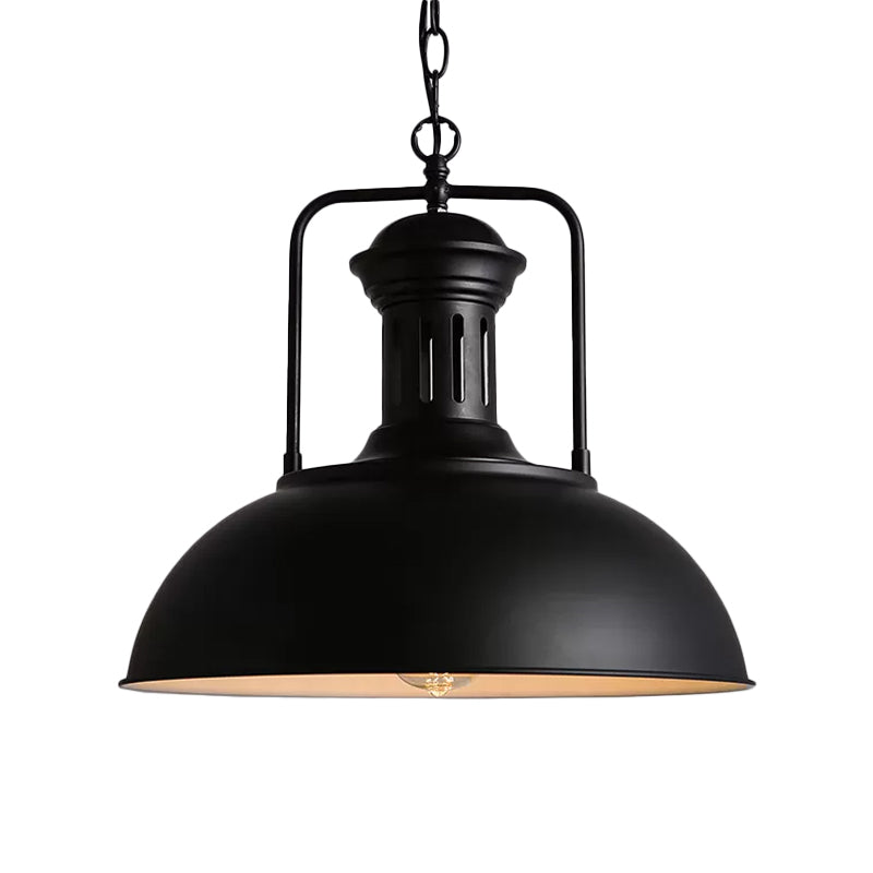 1-Bulb Bowl Drop Pendant Loft Style Black/Black-White Metallic Hanging Lamp with Arm and Vented Socket, 13"/16" Wide Clearhalo 'Art Deco Pendants' 'Black' 'Cast Iron' 'Ceiling Lights' 'Ceramic' 'Crystal' 'Industrial Pendants' 'Industrial' 'Metal' 'Middle Century Pendants' 'Pendant Lights' 'Pendants' 'Rustic Pendants' 'Tiffany' Lighting' 1916596