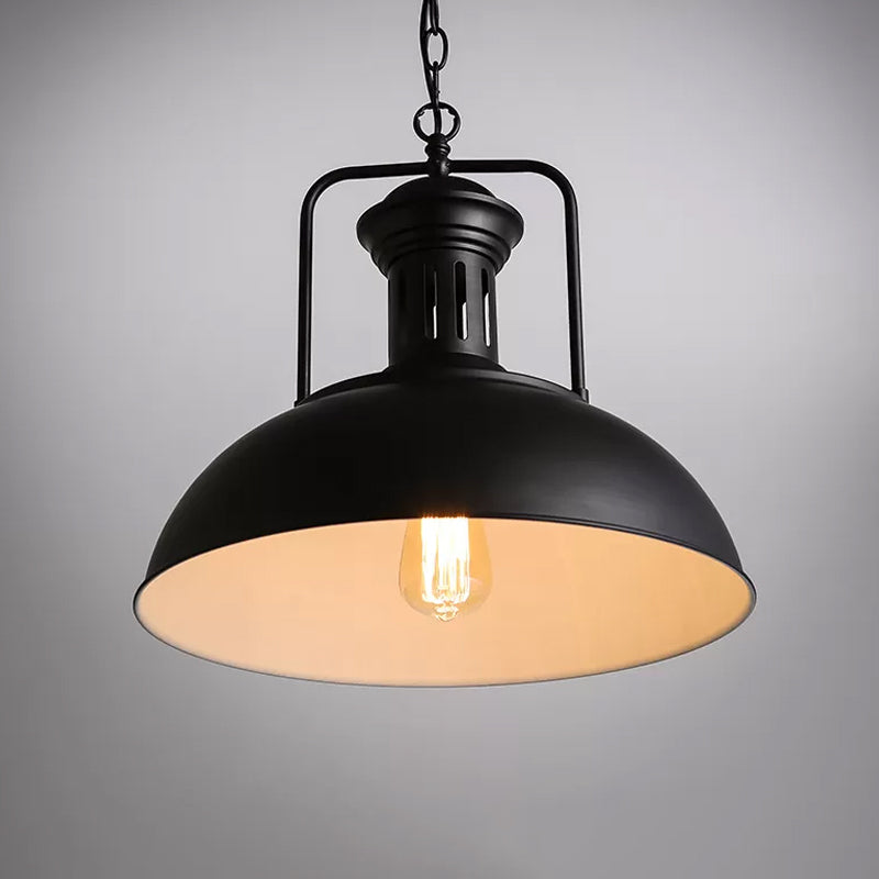 1-Bulb Bowl Drop Pendant Loft Style Black/Black-White Metallic Hanging Lamp with Arm and Vented Socket, 13"/16" Wide Clearhalo 'Art Deco Pendants' 'Black' 'Cast Iron' 'Ceiling Lights' 'Ceramic' 'Crystal' 'Industrial Pendants' 'Industrial' 'Metal' 'Middle Century Pendants' 'Pendant Lights' 'Pendants' 'Rustic Pendants' 'Tiffany' Lighting' 1916597