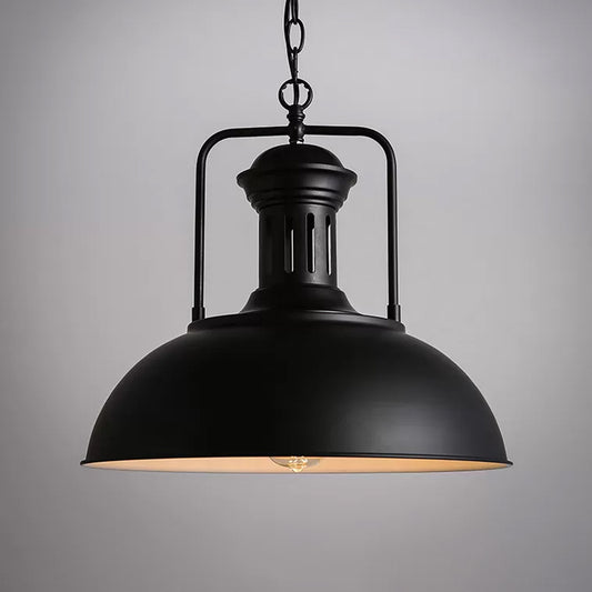 1-Bulb Bowl Drop Pendant Loft Style Black/Black-White Metallic Hanging Lamp with Arm and Vented Socket, 13"/16" Wide Clearhalo 'Art Deco Pendants' 'Black' 'Cast Iron' 'Ceiling Lights' 'Ceramic' 'Crystal' 'Industrial Pendants' 'Industrial' 'Metal' 'Middle Century Pendants' 'Pendant Lights' 'Pendants' 'Rustic Pendants' 'Tiffany' Lighting' 1916598