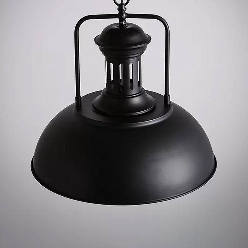 1-Bulb Bowl Drop Pendant Loft Style Black/Black-White Metallic Hanging Lamp with Arm and Vented Socket, 13"/16" Wide Clearhalo 'Art Deco Pendants' 'Black' 'Cast Iron' 'Ceiling Lights' 'Ceramic' 'Crystal' 'Industrial Pendants' 'Industrial' 'Metal' 'Middle Century Pendants' 'Pendant Lights' 'Pendants' 'Rustic Pendants' 'Tiffany' Lighting' 1916599