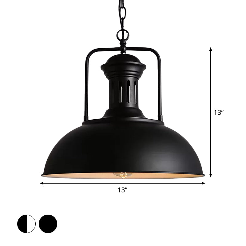 1-Bulb Bowl Drop Pendant Loft Style Black/Black-White Metallic Hanging Lamp with Arm and Vented Socket, 13"/16" Wide Clearhalo 'Art Deco Pendants' 'Black' 'Cast Iron' 'Ceiling Lights' 'Ceramic' 'Crystal' 'Industrial Pendants' 'Industrial' 'Metal' 'Middle Century Pendants' 'Pendant Lights' 'Pendants' 'Rustic Pendants' 'Tiffany' Lighting' 1916600