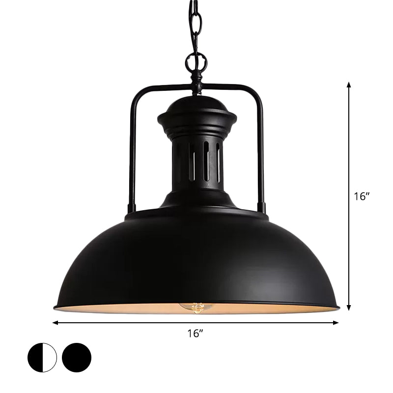 1-Bulb Bowl Drop Pendant Loft Style Black/Black-White Metallic Hanging Lamp with Arm and Vented Socket, 13"/16" Wide Clearhalo 'Art Deco Pendants' 'Black' 'Cast Iron' 'Ceiling Lights' 'Ceramic' 'Crystal' 'Industrial Pendants' 'Industrial' 'Metal' 'Middle Century Pendants' 'Pendant Lights' 'Pendants' 'Rustic Pendants' 'Tiffany' Lighting' 1916601