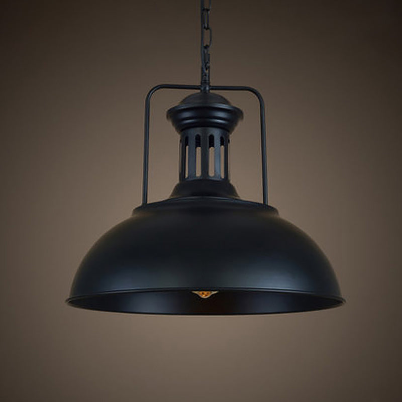1-Bulb Bowl Drop Pendant Loft Style Black/Black-White Metallic Hanging Lamp with Arm and Vented Socket, 13"/16" Wide Clearhalo 'Art Deco Pendants' 'Black' 'Cast Iron' 'Ceiling Lights' 'Ceramic' 'Crystal' 'Industrial Pendants' 'Industrial' 'Metal' 'Middle Century Pendants' 'Pendant Lights' 'Pendants' 'Rustic Pendants' 'Tiffany' Lighting' 1916603