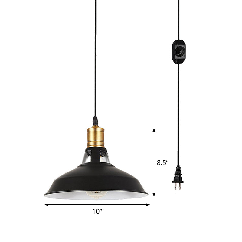 1 Light Hanging Lamp Kit Rustic Bedside Plug-in Pendant Lighting with Barn Iron Shade in Black Clearhalo 'Art Deco Pendants' 'Black' 'Cast Iron' 'Ceiling Lights' 'Ceramic' 'Crystal' 'Industrial Pendants' 'Industrial' 'Metal' 'Middle Century Pendants' 'Pendant Lights' 'Pendants' 'Rustic Pendants' 'Tiffany' Lighting' 1916619