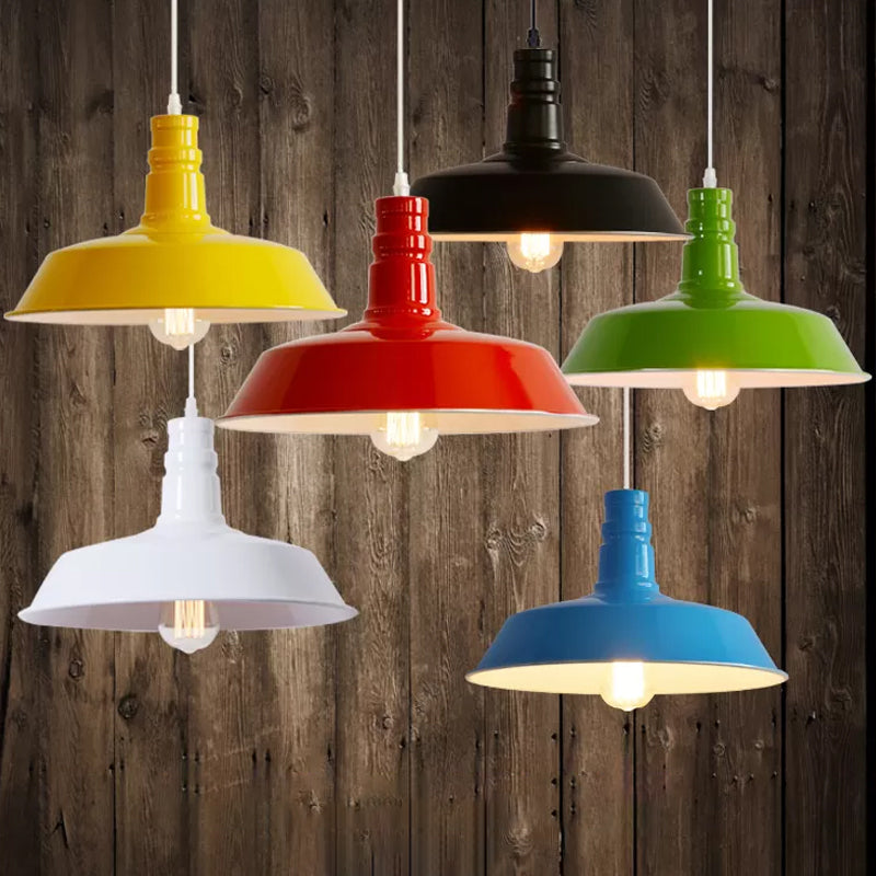 1 Head Rolled-Trim Barn Shade Pendant Lamp Industrial Red/Yellow/White Finish Hanging Light Kit Clearhalo 'Art Deco Pendants' 'Black' 'Cast Iron' 'Ceiling Lights' 'Ceramic' 'Crystal' 'Industrial Pendants' 'Industrial' 'Metal' 'Middle Century Pendants' 'Pendant Lights' 'Pendants' 'Rustic Pendants' 'Tiffany' Lighting' 1916637