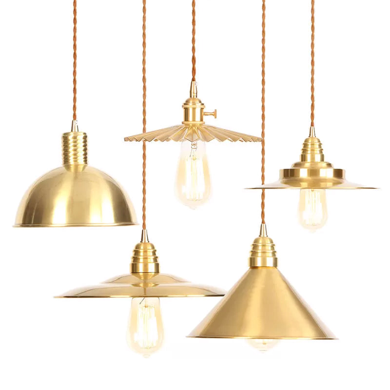 Iron Gold Finish Pendant Lamp Flat/Bowl/Cone Shade Single-Bulb Antiqued Suspension Lighting Fixture Gold Semicircle Clearhalo 'Art Deco Pendants' 'Cast Iron' 'Ceiling Lights' 'Ceramic' 'Crystal' 'Industrial Pendants' 'Industrial' 'Metal' 'Middle Century Pendants' 'Pendant Lights' 'Pendants' 'Tiffany' Lighting' 1916664