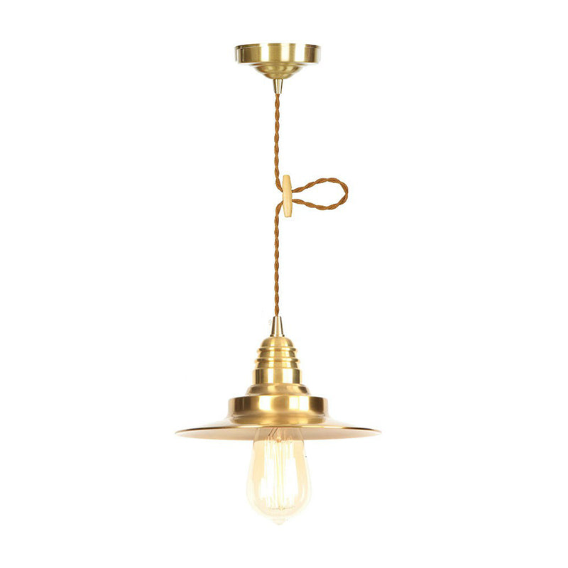 Iron Gold Finish Pendant Lamp Flat/Bowl/Cone Shade Single-Bulb Antiqued Suspension Lighting Fixture Clearhalo 'Art Deco Pendants' 'Cast Iron' 'Ceiling Lights' 'Ceramic' 'Crystal' 'Industrial Pendants' 'Industrial' 'Metal' 'Middle Century Pendants' 'Pendant Lights' 'Pendants' 'Tiffany' Lighting' 1916669